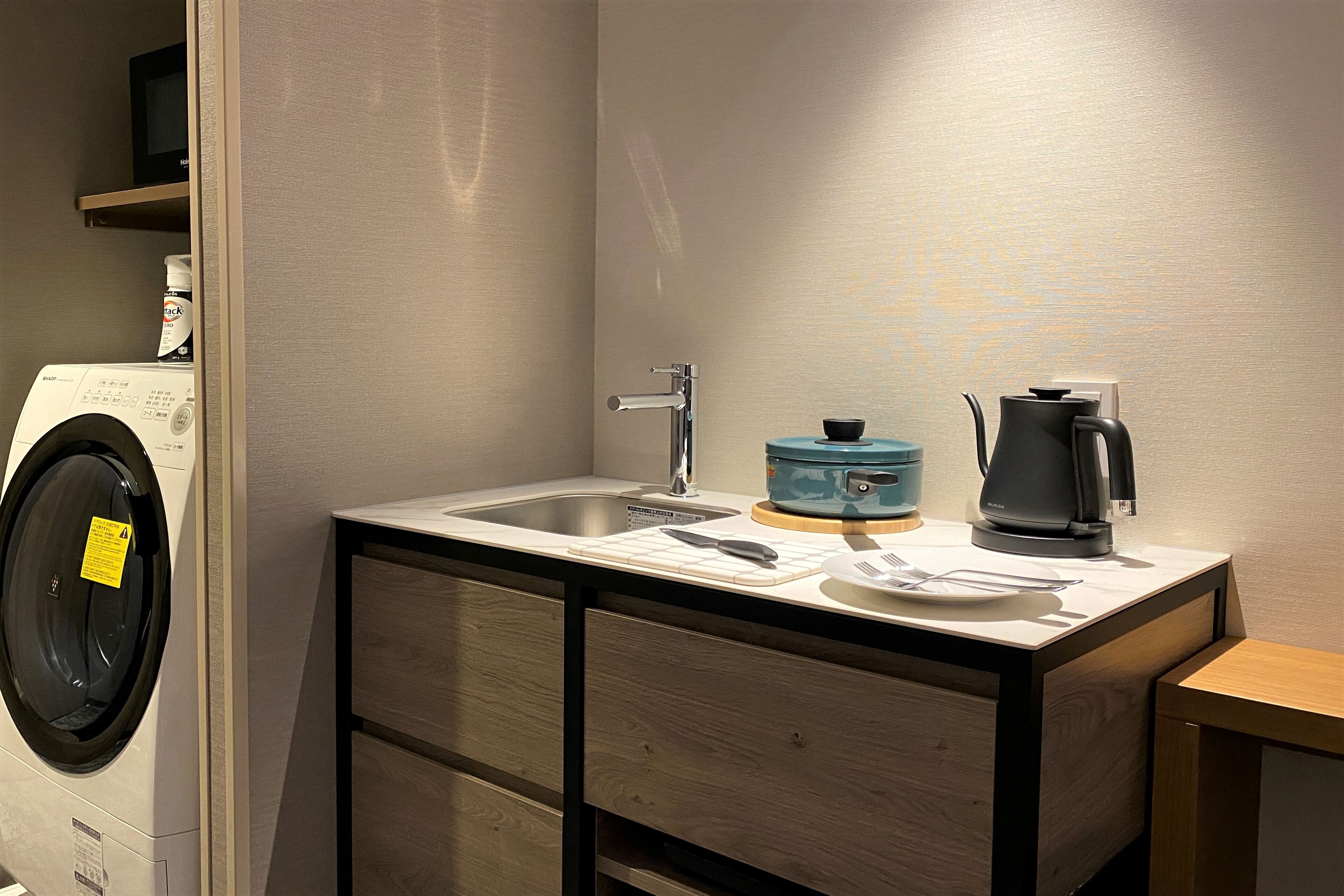 fridge, microwave, electric kettle