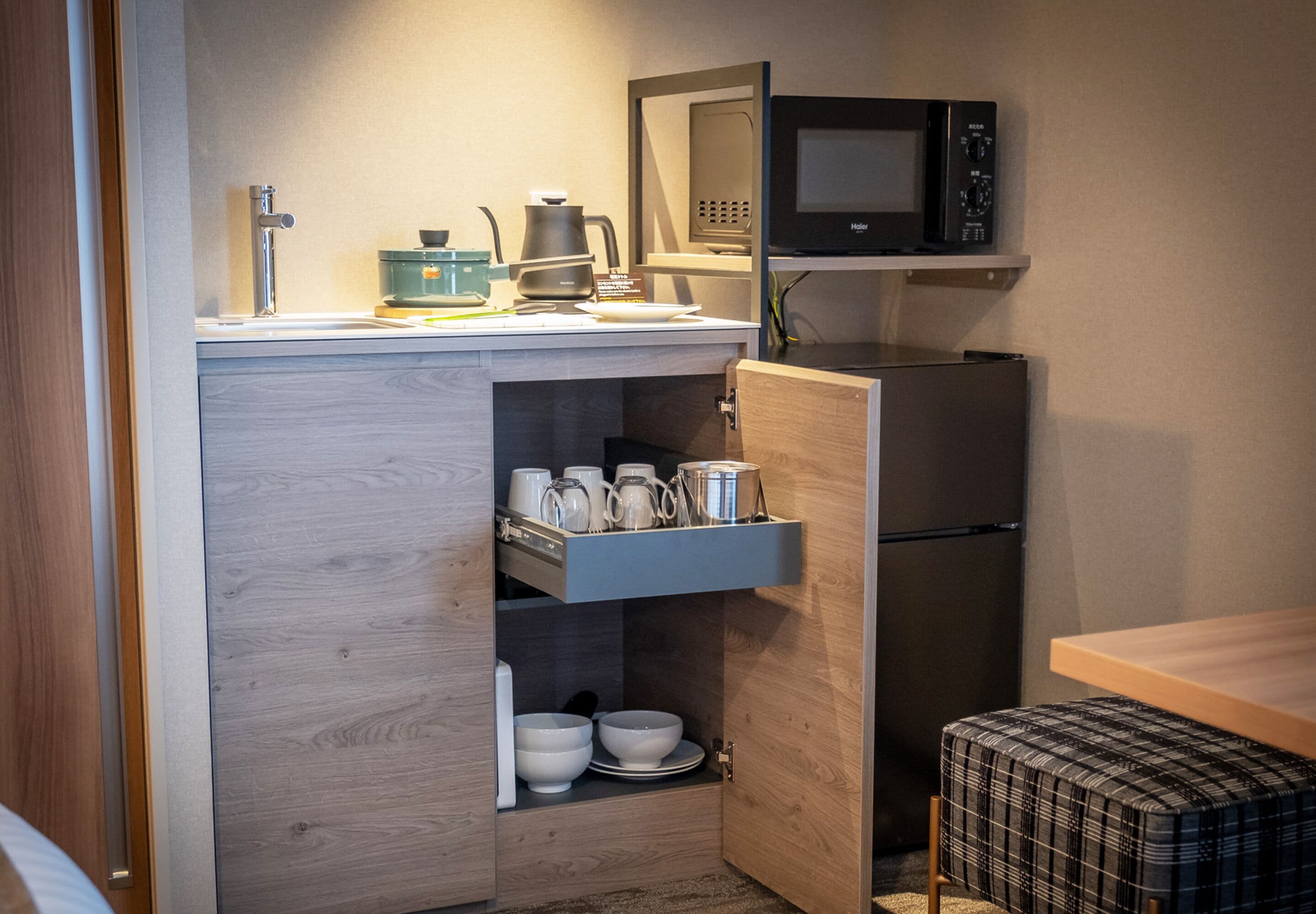 Fridge, microwave, electric kettle