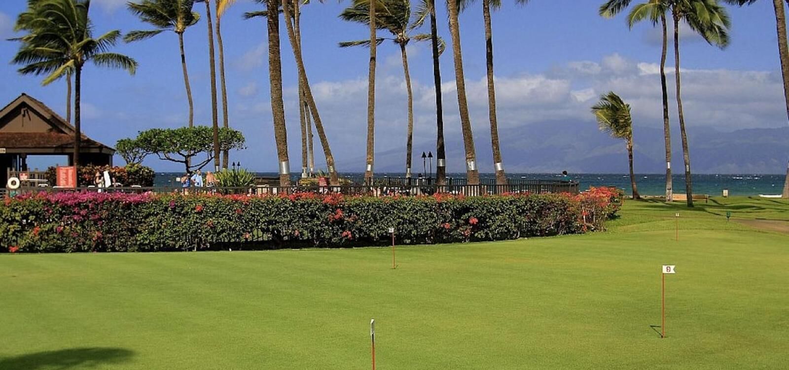 A golf course with a well-maintained green, a clubhouse with a thatched roof, and a view of the ocean with palm trees.
