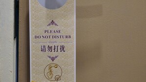 A door with a sign that reads "PLEASE DO NOT DISTURB" and a hand symbol.