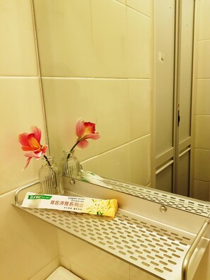 Dusch, hårtork, tofflor och bidé