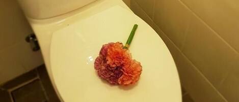 A toilet with a decorative flower arrangement on the seat.