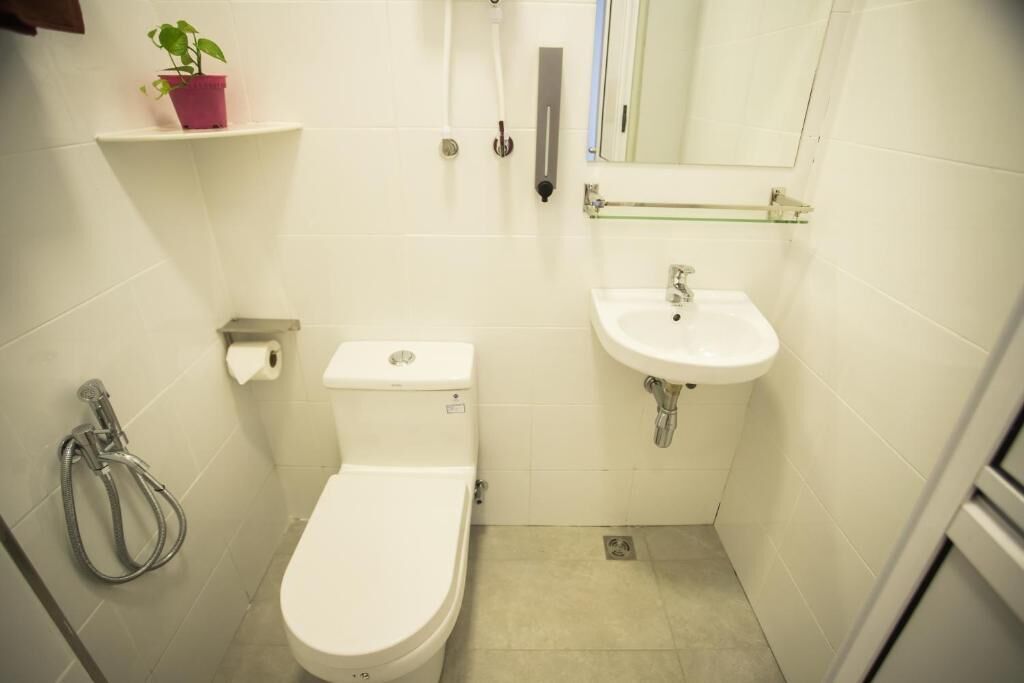 A small, clean bathroom with a toilet, sink, and shower. There is a potted plant on a shelf above the toilet.