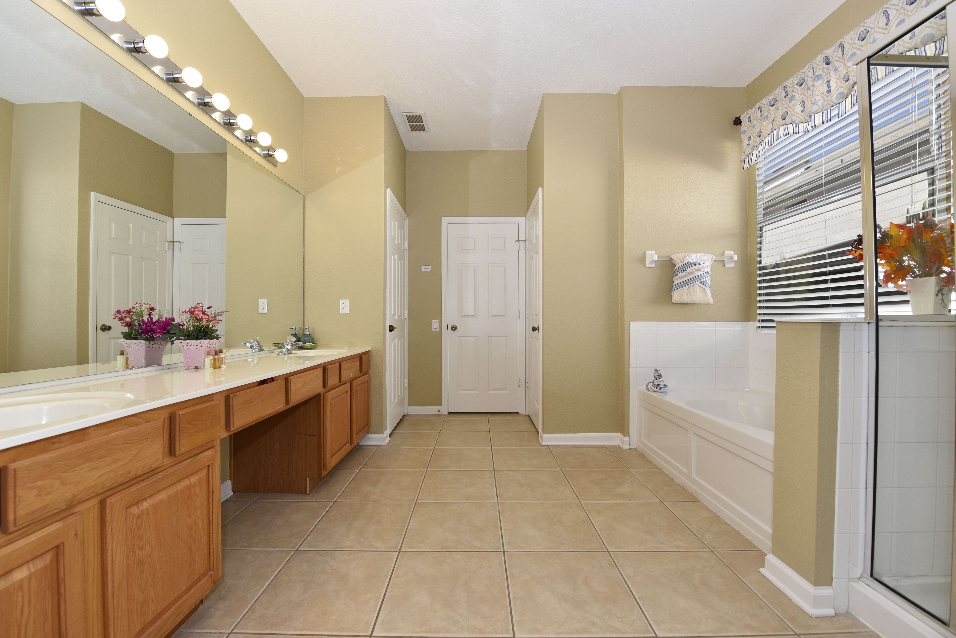 A bathroom with a vanity, sink, mirror, and a shower area.