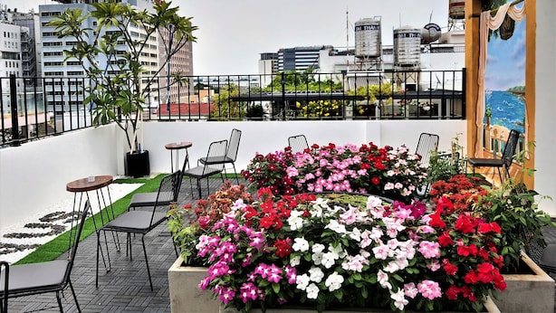 Une terrasse sur le toit offrant une vue sur les gratte-ciel de la ville, des sièges en plein air et une grande variété de fleurs.