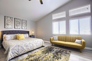 4 bedrooms, memory-foam beds, desk, iron/ironing board