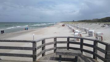 Een houten looppad dat naar een strand leidt, met genummerde strandhuisjes.