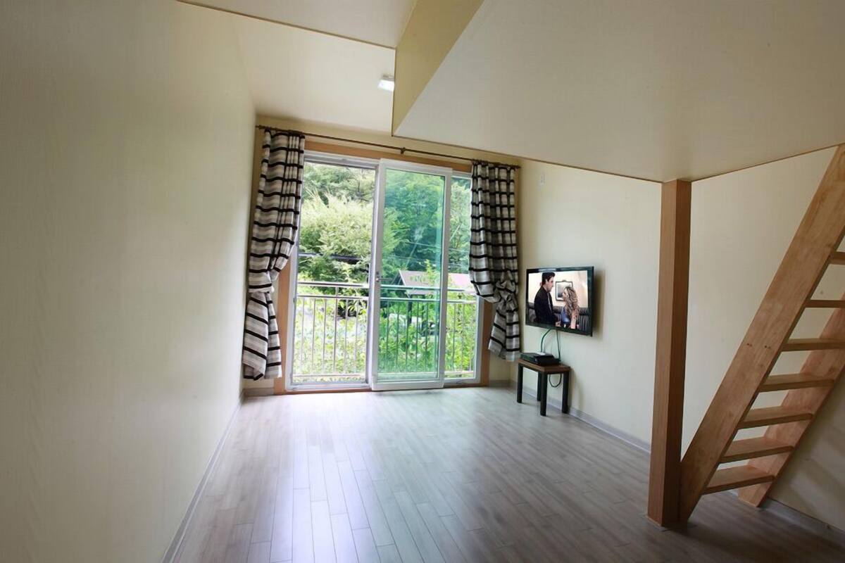 A spacious room with a large sliding glass door leading to a balcony, a wooden ladder, and a mounted television.