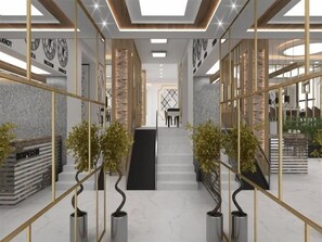 A modern interior with a central staircase, glass partitions, and a reception area. - Elit Palace Hotel (Istanbul)