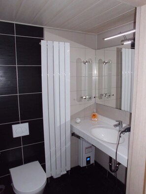 Dusche, Haartrockner, Seife, Toilettenpapier