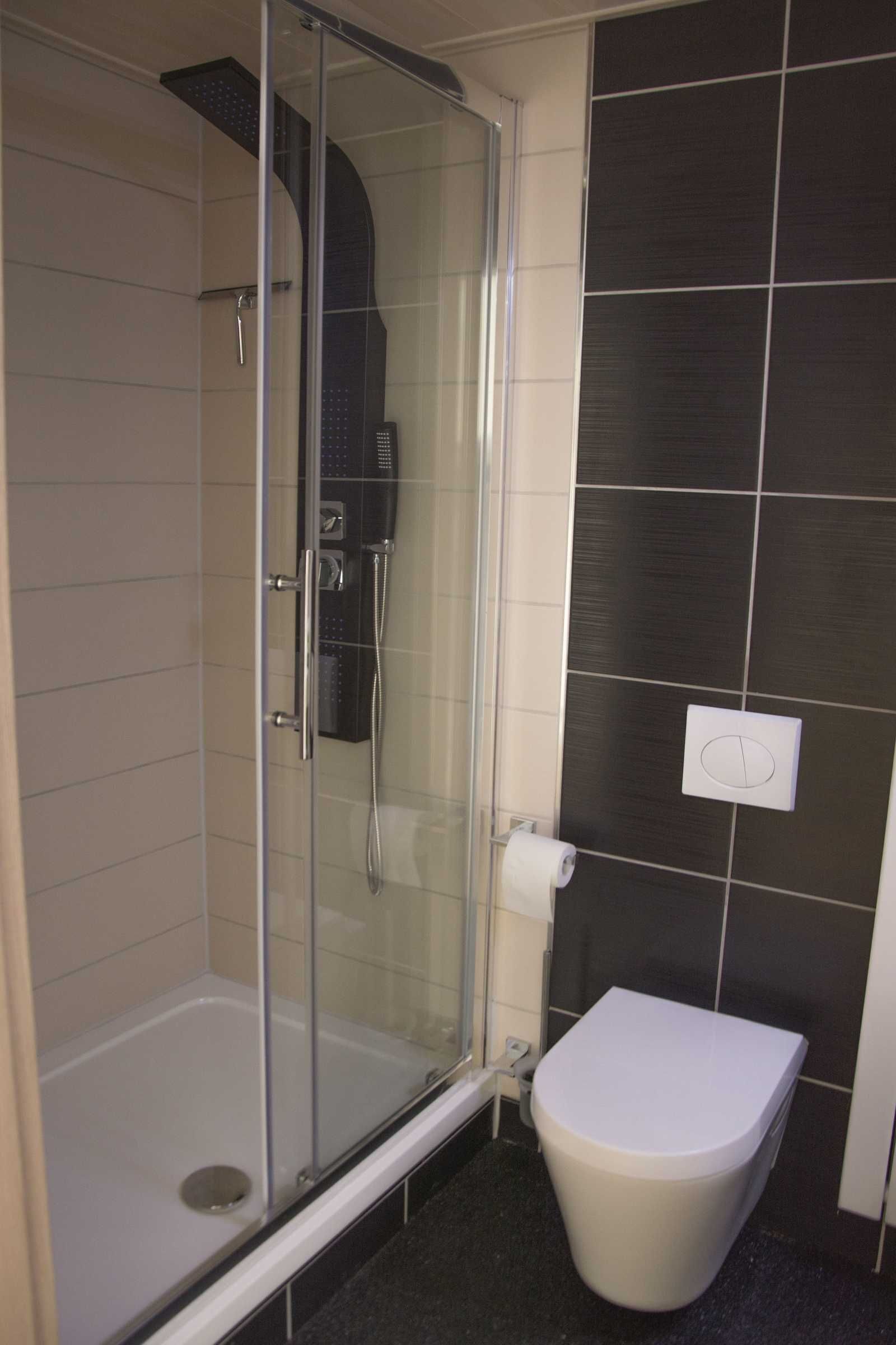Shower, hair dryer, soap, toilet paper