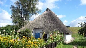 Un charmant cottage à toit de chaume, avec une porte bleue, entouré d’une clôture en bois et agrémenté de fleurs aux couleurs vives.