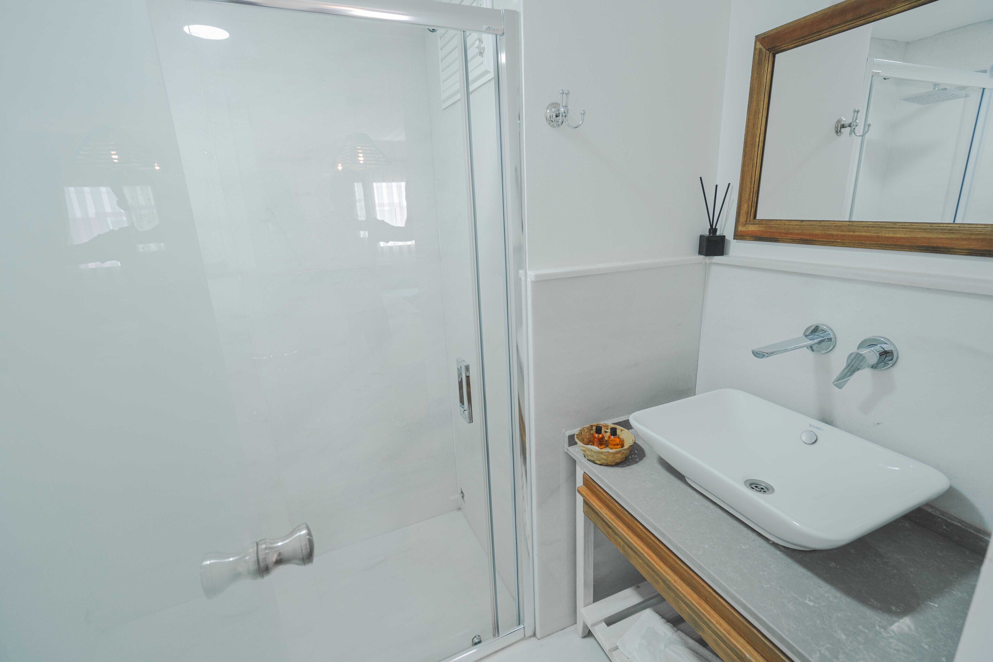 deluxe double room | bathroom | shower, free toiletries, hair dryer, bathrobes