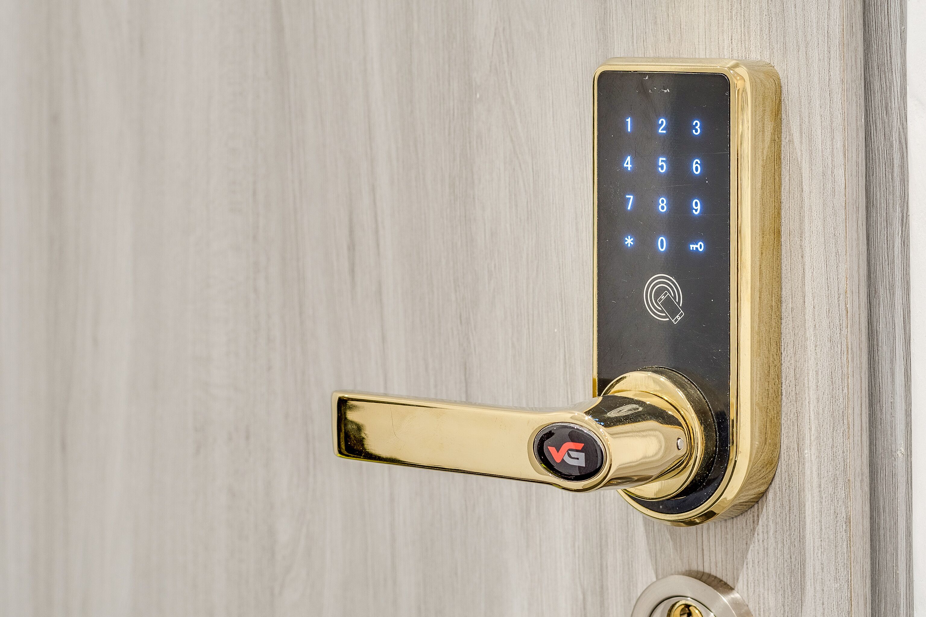 A modern door with a digital keypad lock and a gold-colored handle.