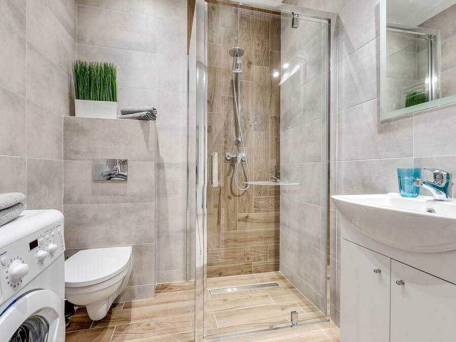 Premium Apartment | Bathroom | Shower, hair dryer, towels, soap