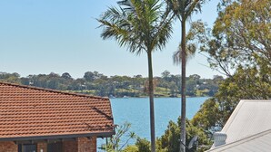 Un quartier résidentiel avec vue sur un lac, une maison en briques et un palmier.