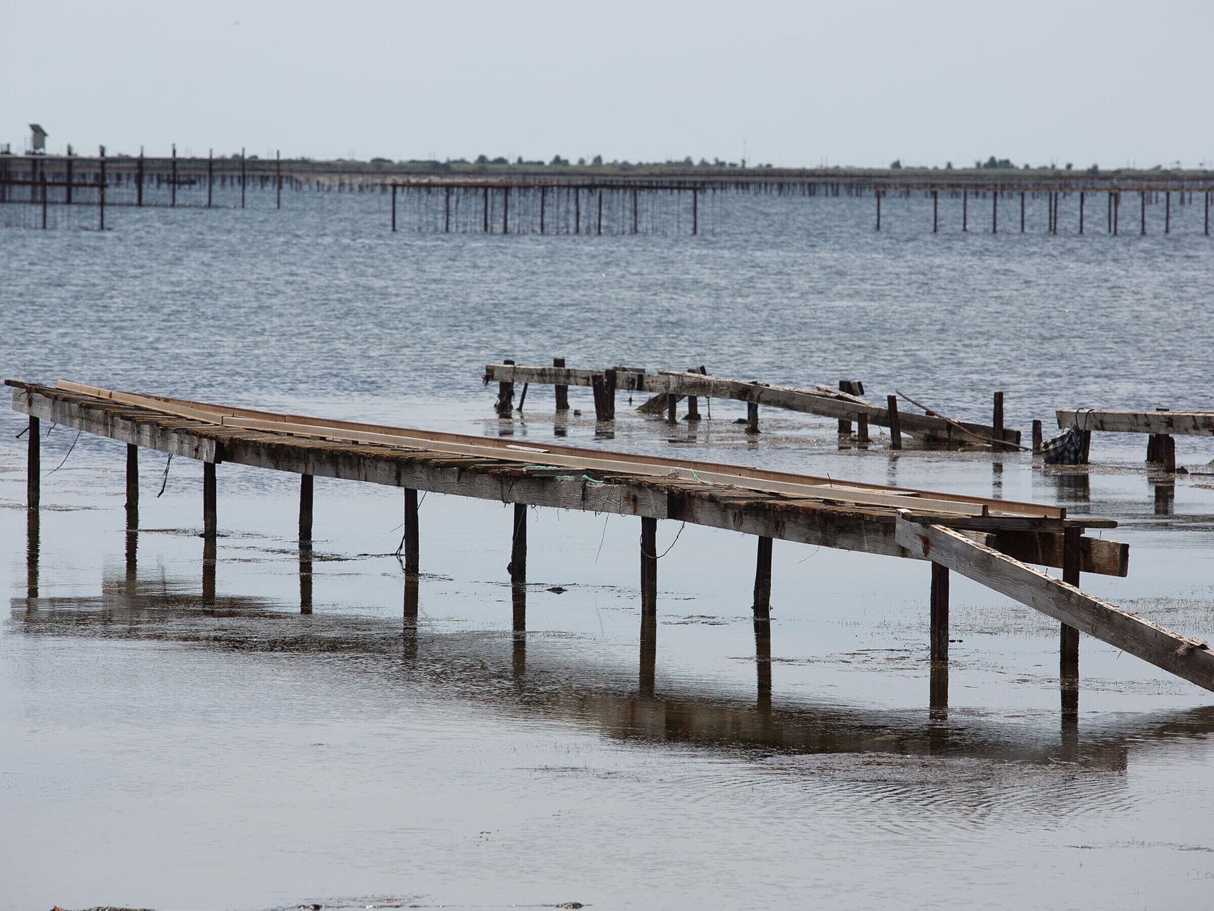 A series of wooden piers extending into a body of water.