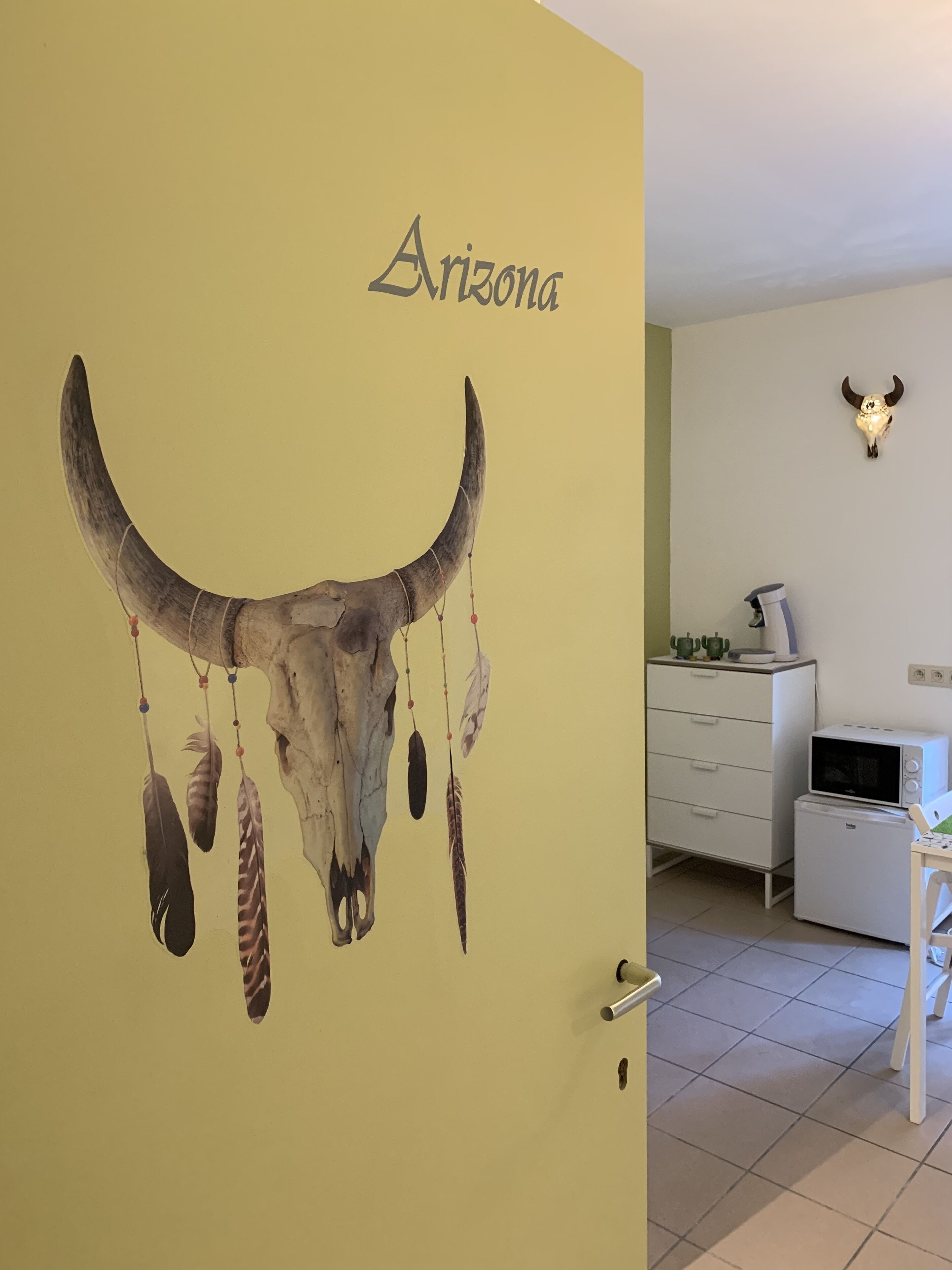 A room with a wall mural of a bull's skull and feathers, a microwave, a small refrigerator, and a cabinet.