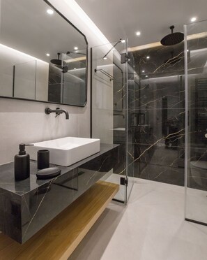 Shower, hair dryer, towels, shampoo
