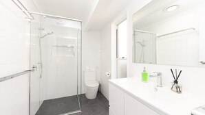 A modern bathroom with a glass shower enclosure, a toilet, and a white vanity with a mirror. - Tiro Moana beautifully renovated pet friendly home (Forster)