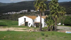A white house with a tiled roof, surrounded by palm trees and a grassy field, with a mountainous backdrop. - The rural house Tigre (Gaucín)