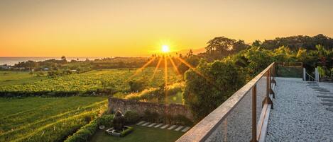 A sunset view from a balcony with a stone wall, a garden, and a distant landscape.