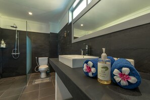 Panoramic-Villa, 2 Schlafzimmer, eigener Pool, Meerblick | Badezimmer | Badewanne und Dusche (separat), Designer-Toilettenartikel, Haartrockner