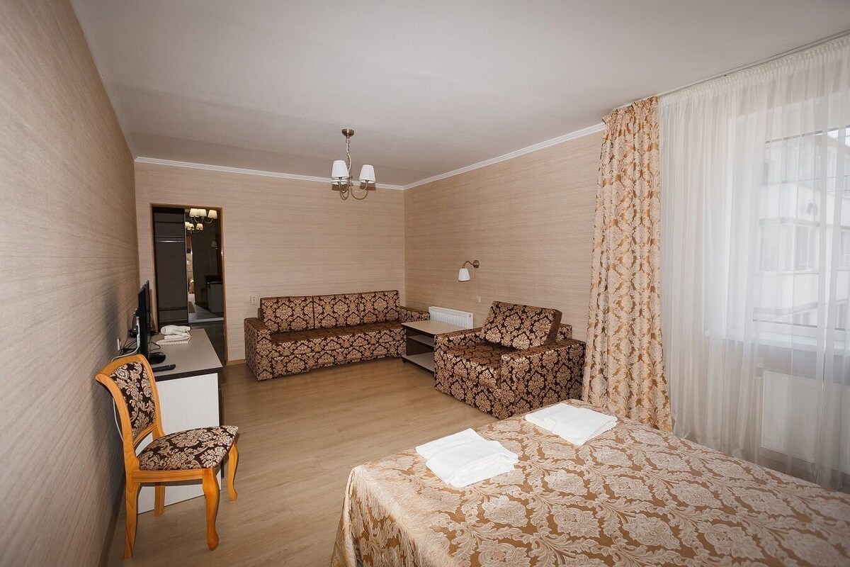 A hotel room with a sofa, a chair, a bed, a desk, and a television.