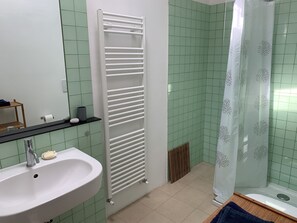 Dusche, Haartrockner, Handtücher, Seife