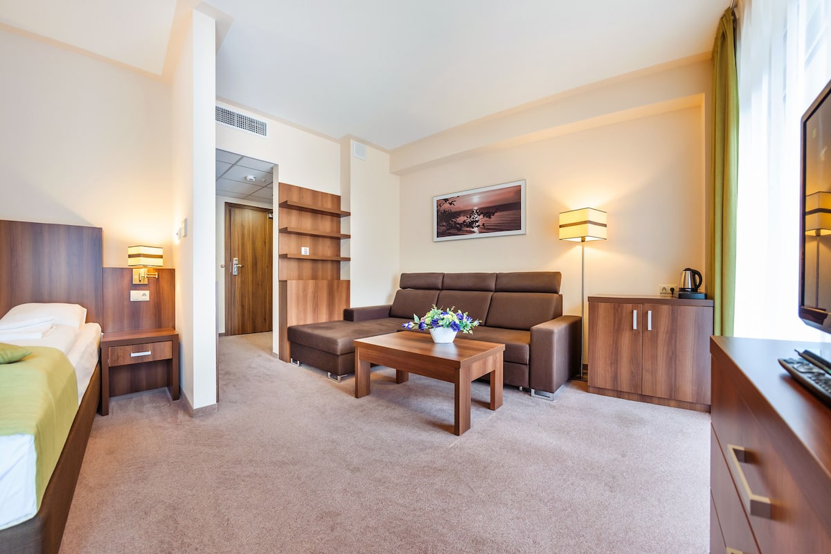 Une chambre d’hôtel comprenant un lit, un canapé, une table basse avec des fleurs, une télévision, un bureau et un placard.
