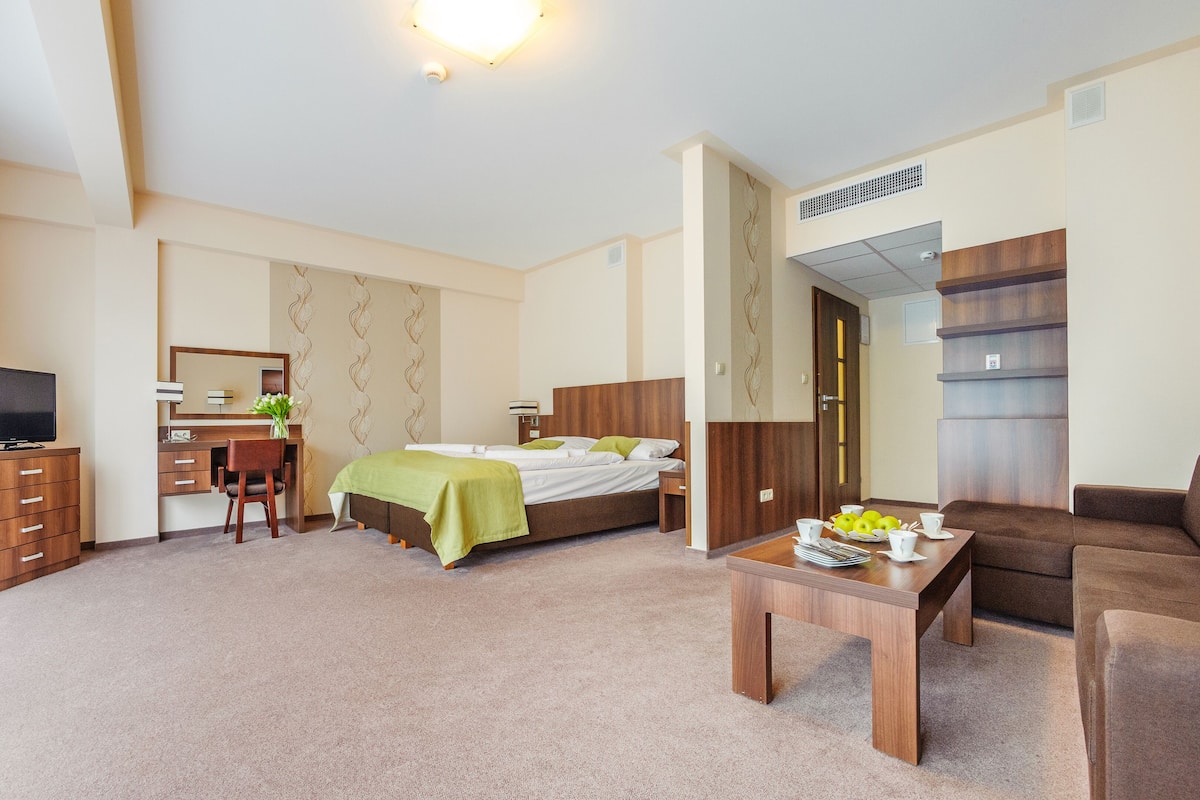 Une chambre d’hôtel comprenant un lit, un bureau avec une chaise, une télévision, une table basse et un canapé.
