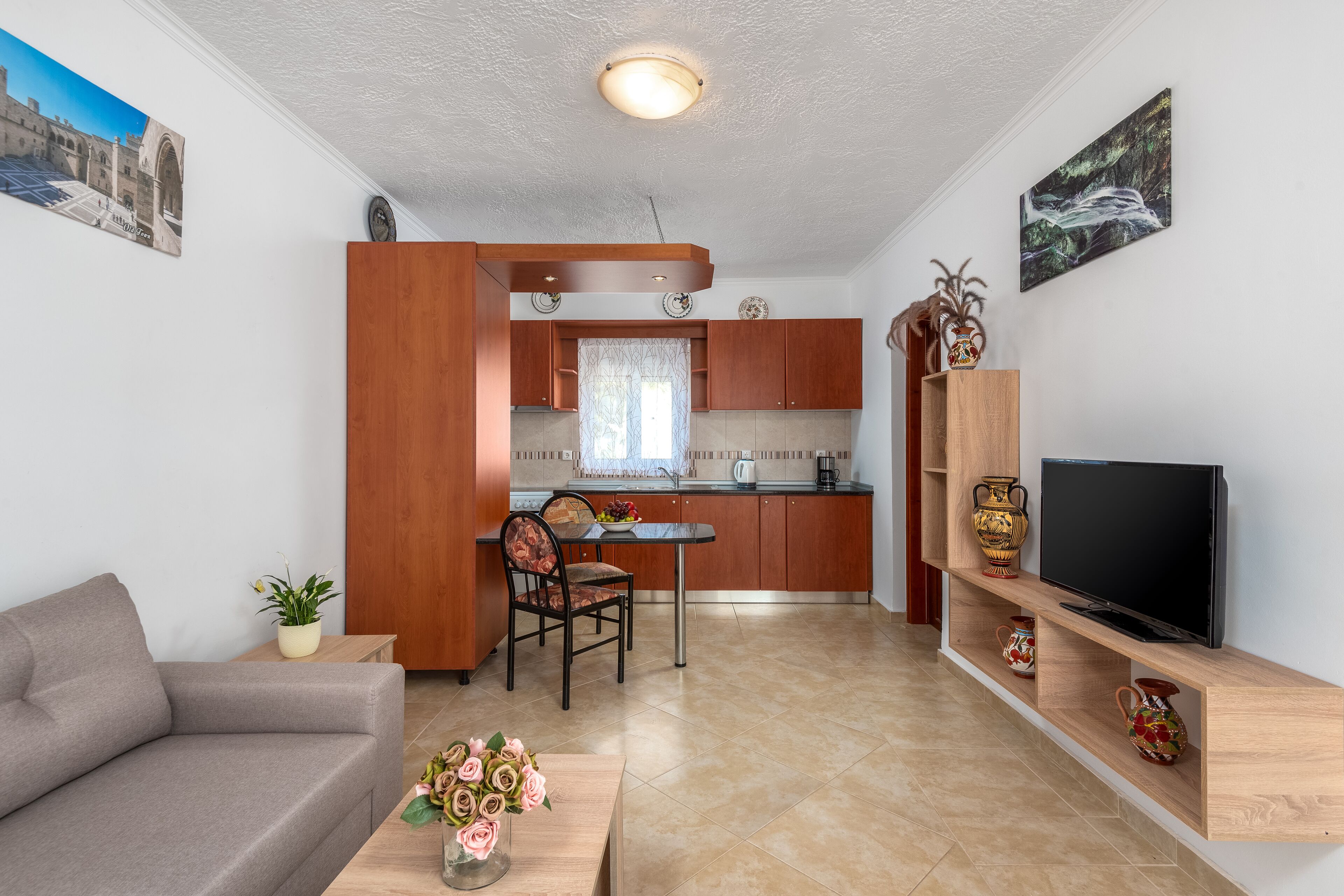 A compact living space with a kitchenette, a sofa, a dining table, and a TV on a wooden shelf.