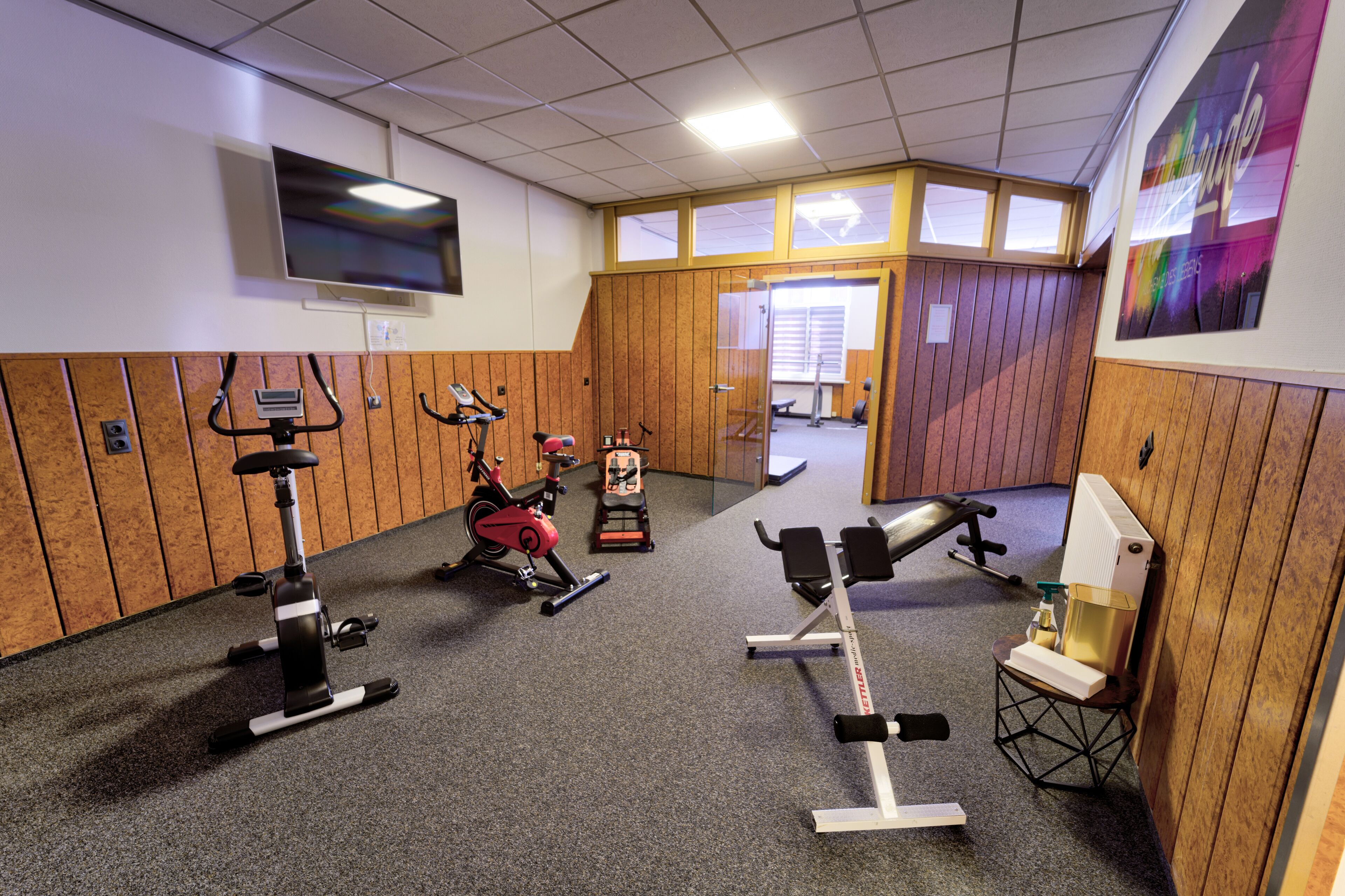 Un gimnasio con equipamiento de ejercicio, televisión y paneles de madera.