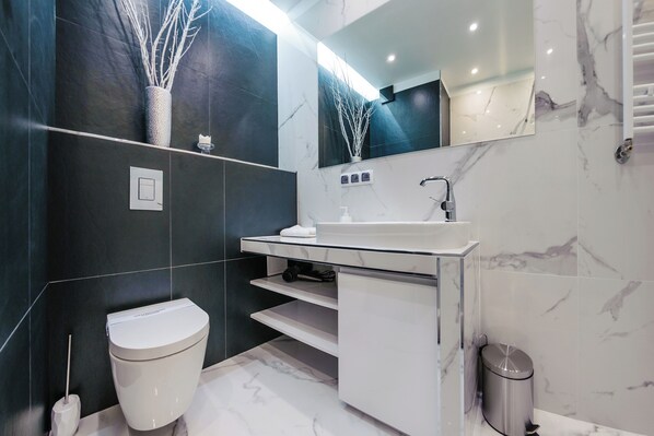A modern bathroom with a toilet, a sink, and a mirror.