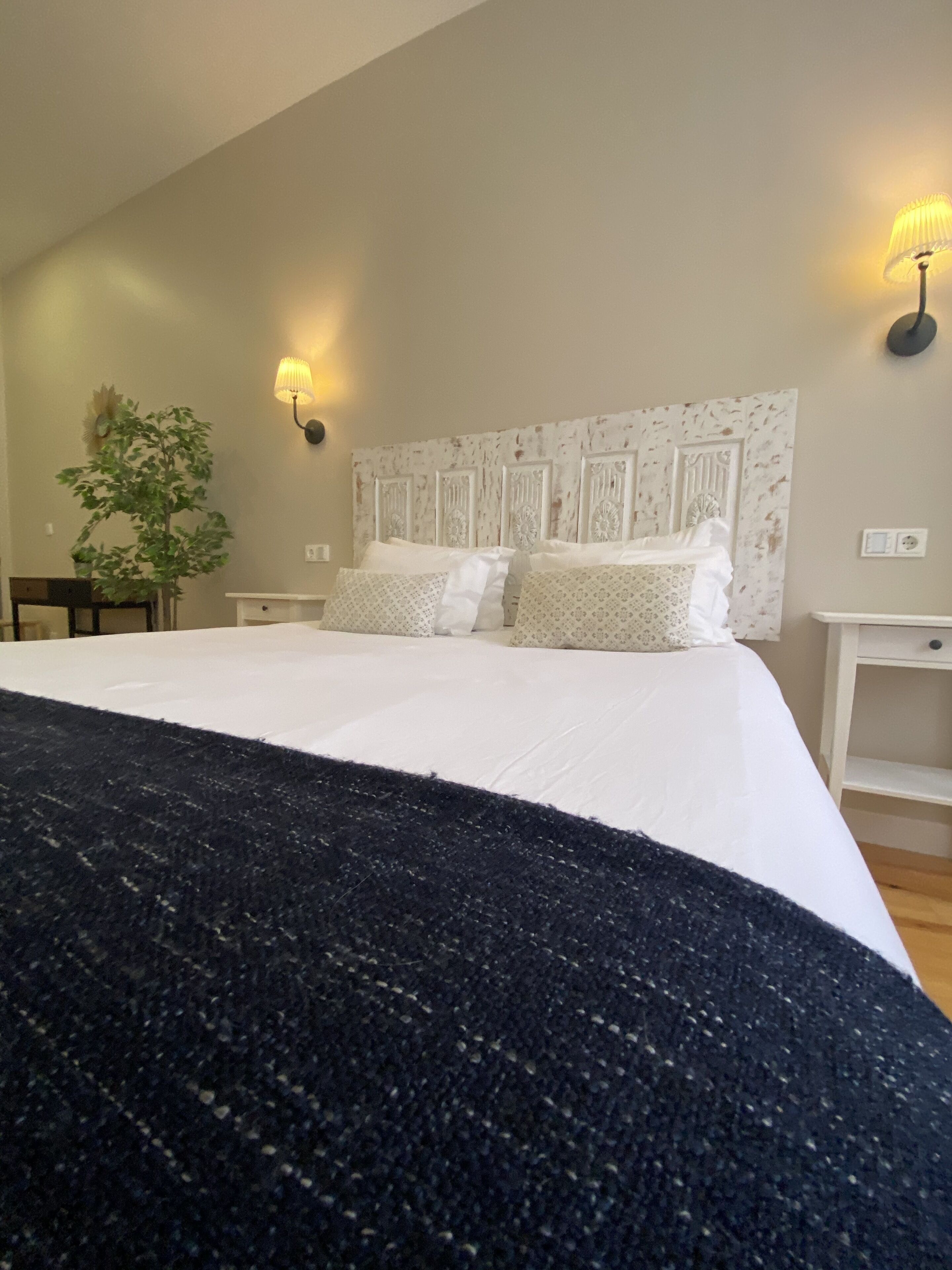 Een slaapkamer met een groot bed, twee nachtkastjes, een lamp en een pot met een plant.