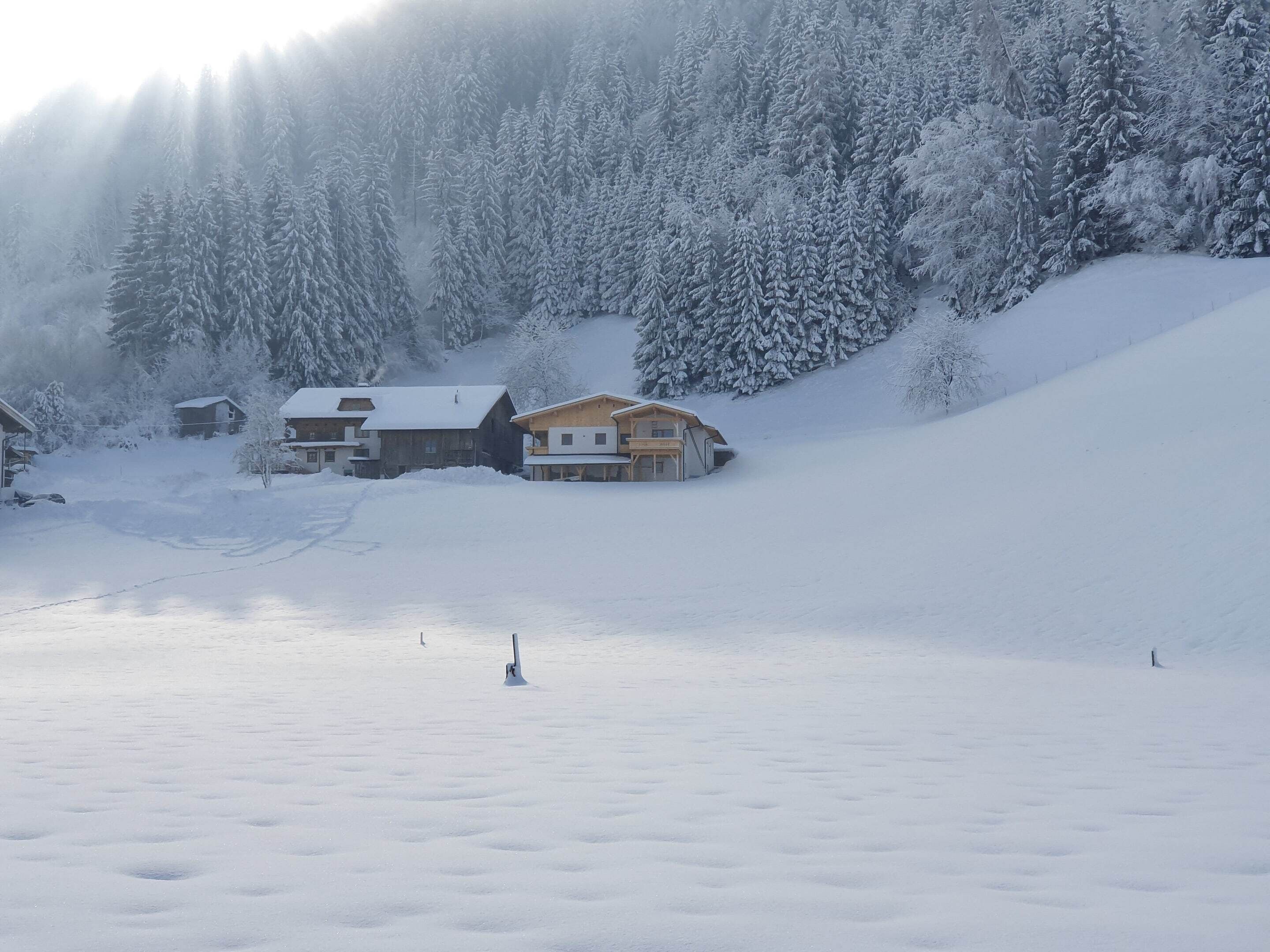 A snow-covered ski resort with several wooden buildings, including a lodge and cabins, surrounded by dense evergreen trees.