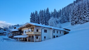Un edificio cubierto de nieve con un balcón y varias ventanas, rodeado de árboles cargados de nieve.