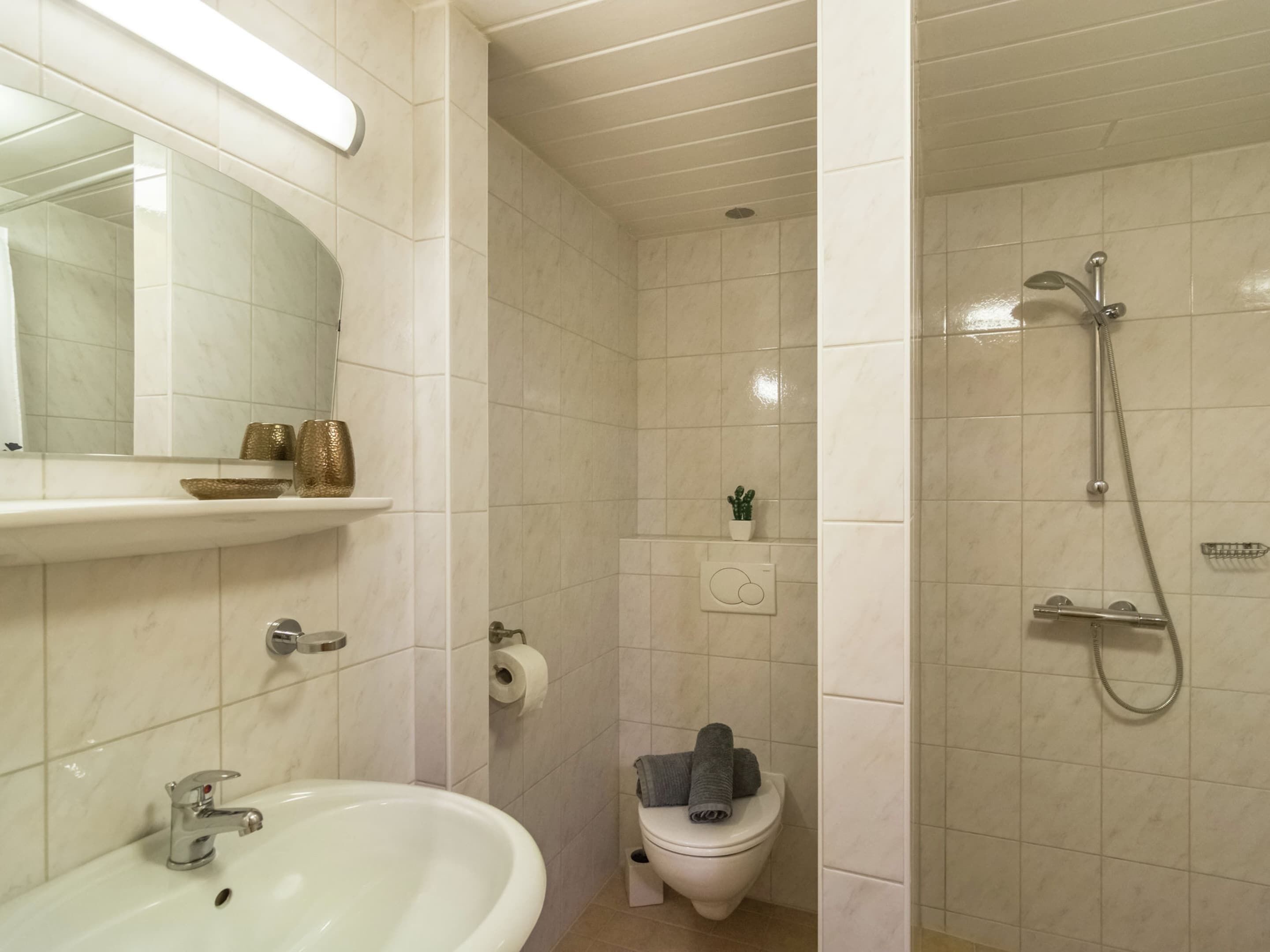 A bathroom with a sink, toilet, and shower.