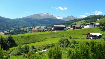 A rural village with traditional houses, a mountain backdrop, and a clear sky.