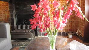 A room with a fireplace, a vase with pink flowers on a table, and a patterned wall.