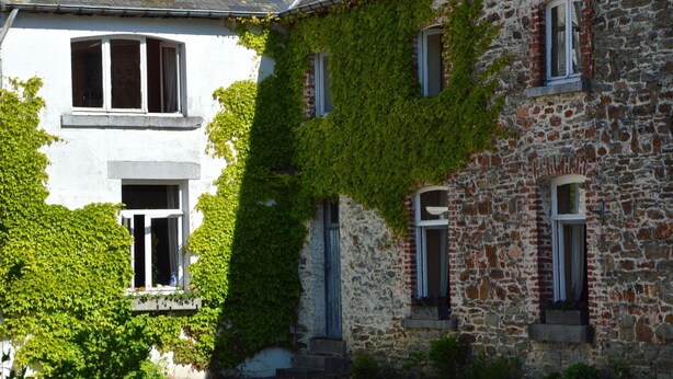 A building with a stone facade and a white building partially covered with green ivy. - Charming Castle in Roumont (Bertogne)