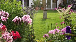 Ein Garten mit verschiedenen Blumen und einer Skulptur in der Mitte.
