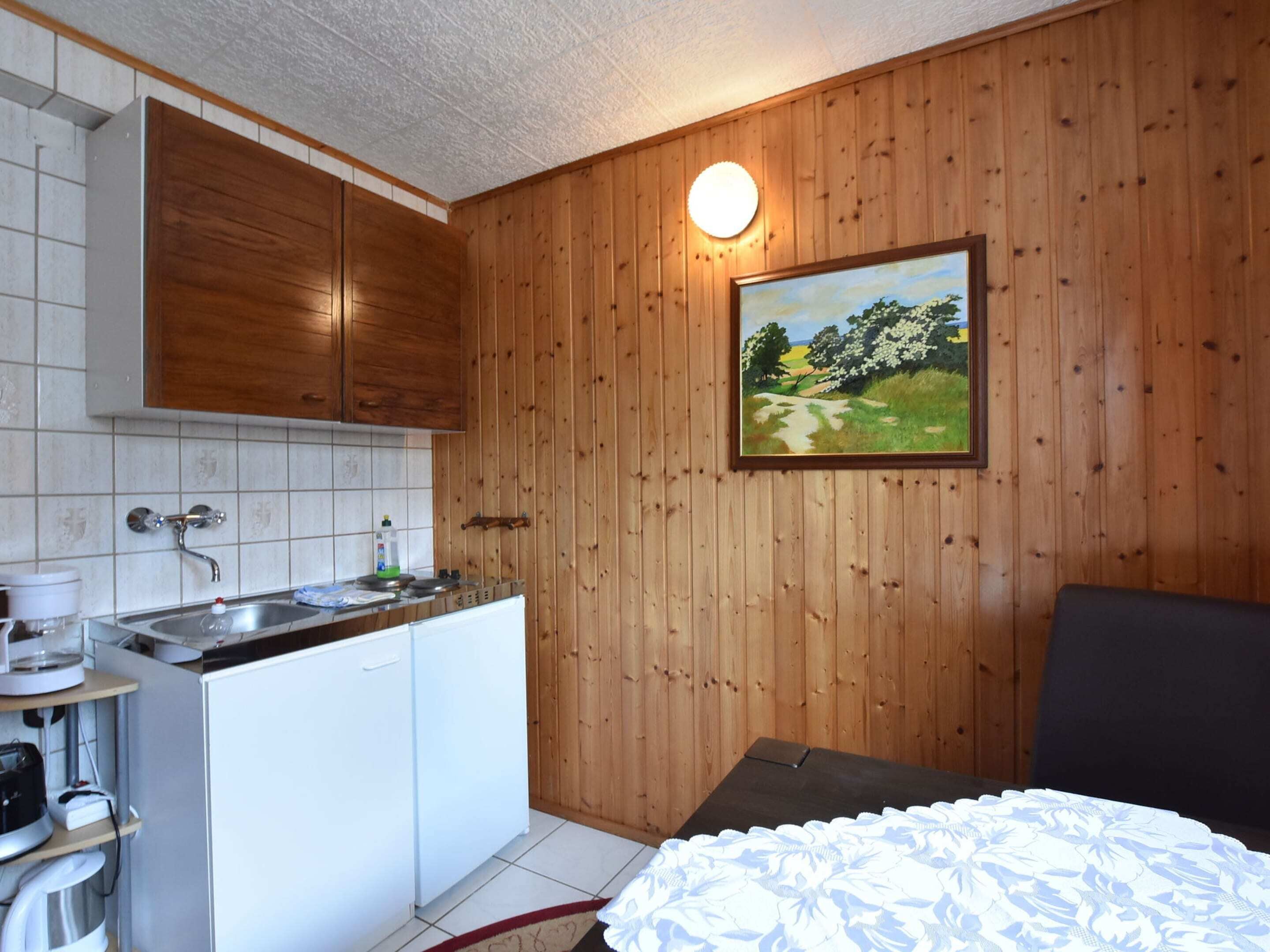 A compact kitchen with wooden cabinets, a sink, and a painting of a landscape.