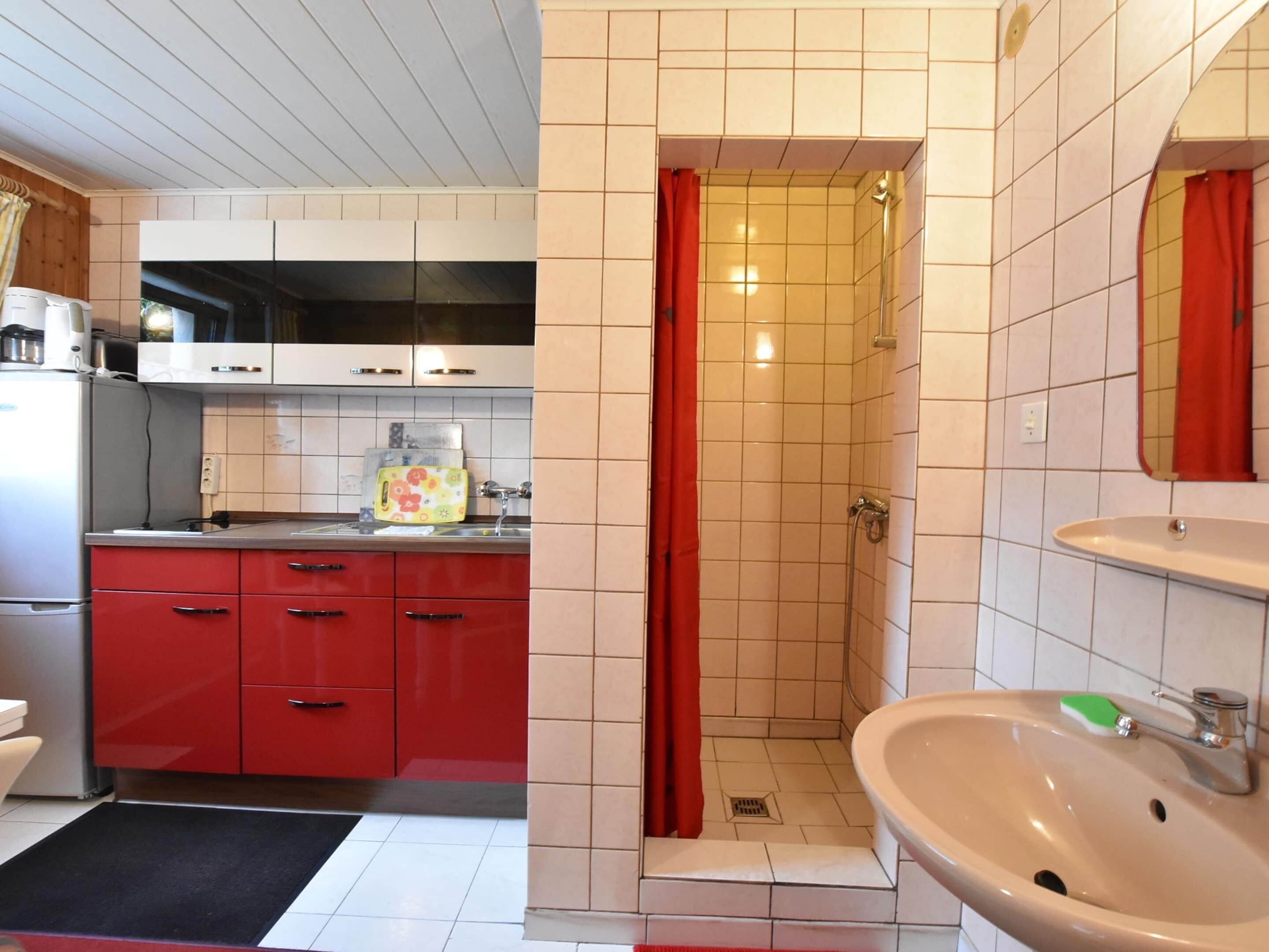 A compact kitchen with red cabinets, a sink, and a shower area.