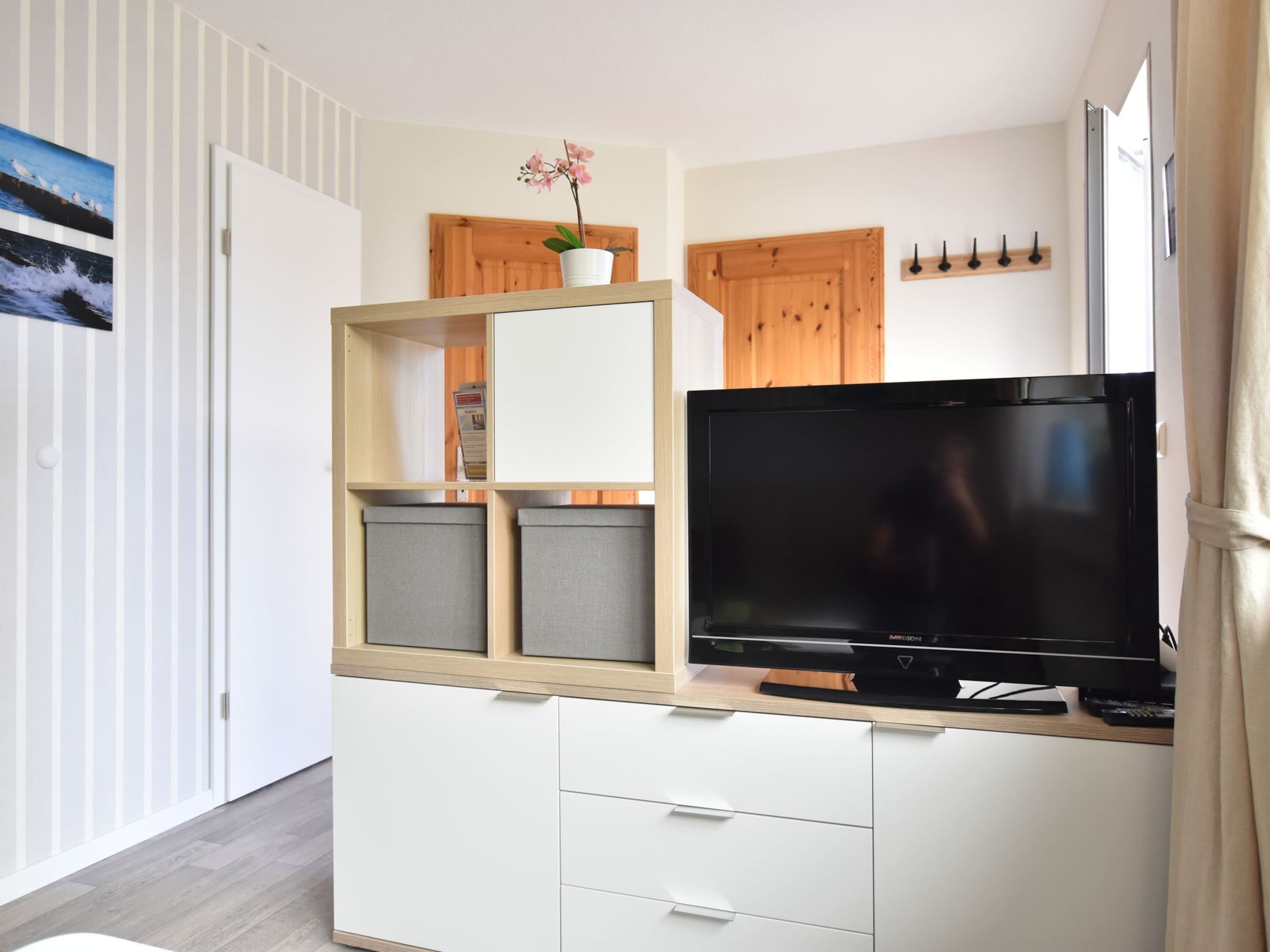 A modern living room with a flat-screen TV, wooden cabinets, and a potted plant.