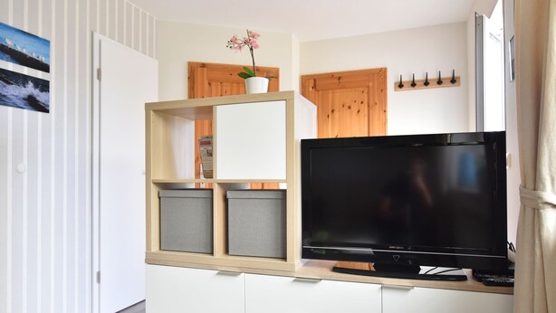A modern living room with a flat-screen TV, wooden cabinets, and a potted plant. - Peaceful Bungalow in Diedrichshagen near Baltic Sea (Kroepelin)