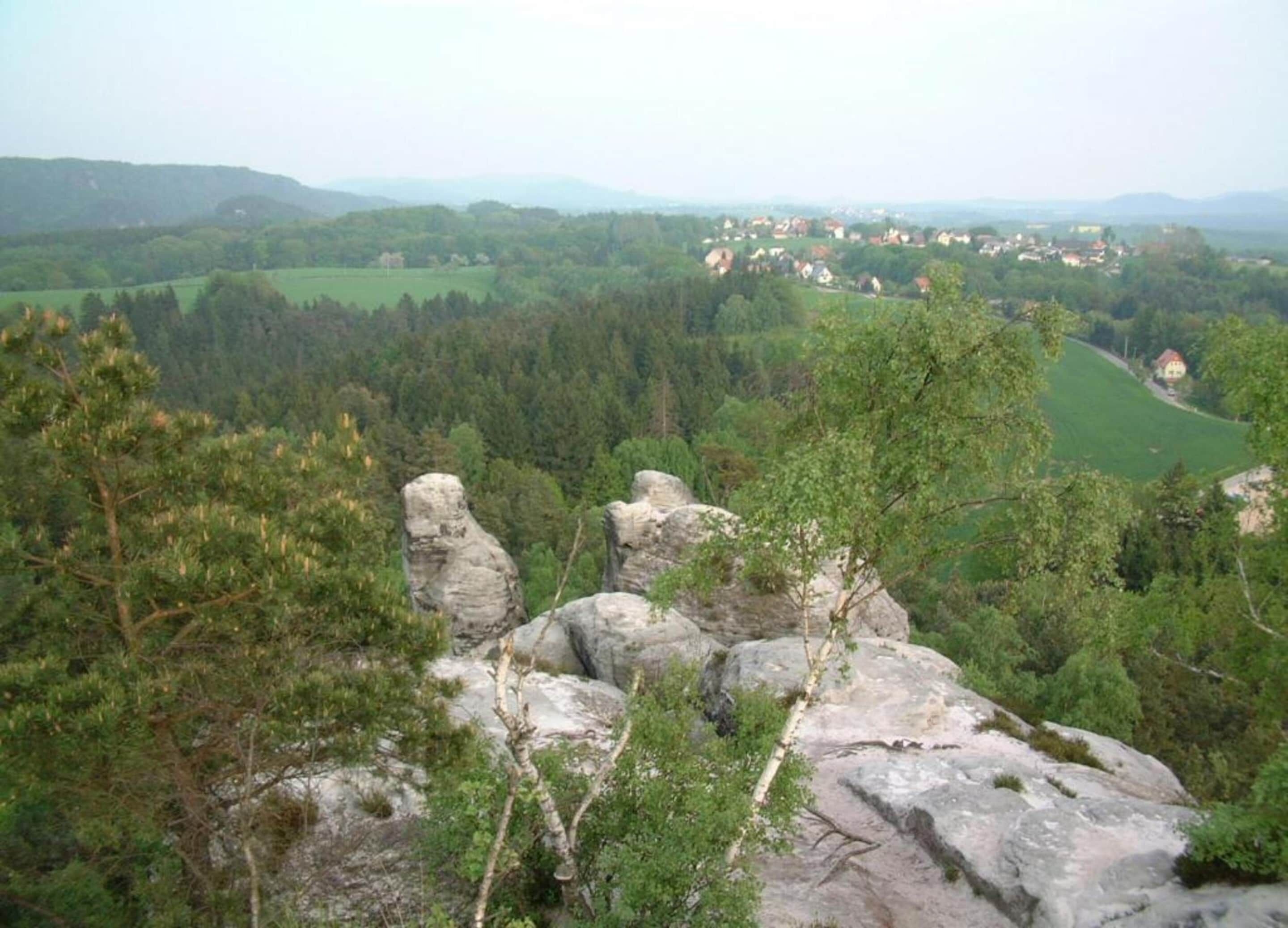 Ein weiter Panoramablick auf eine gebirgige Landschaft mit felsigen Ausläufern und dichtem Wald.