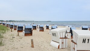 Beach huts with blue and white striped awnings, arranged in rows on a sandy beach with a pier in the background. - Fabulous Holiday Home in Thorstorf near Sea (Warnow)