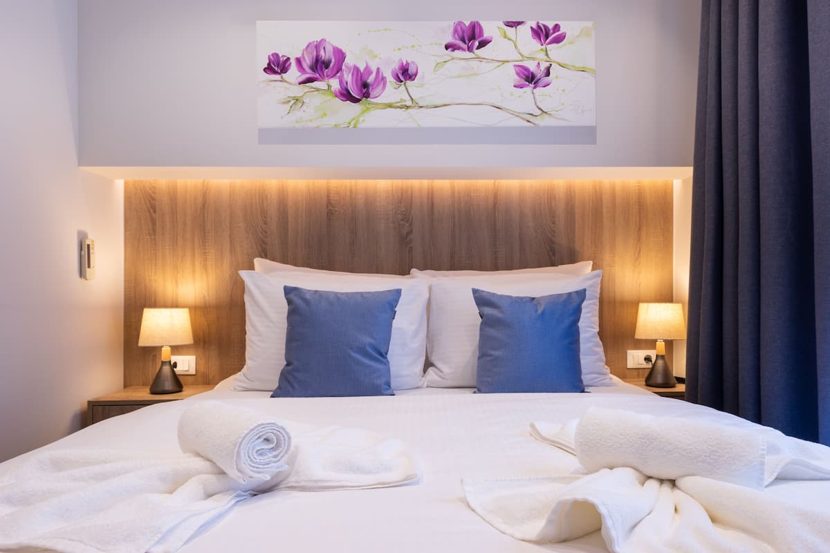 Een hotelkamer met een groot bed, twee kussens, een schilderij aan de muur en een nachtkastje met een lamp.