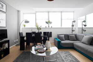 Two Bedroom Apartment | Living room | 32-inch flat-screen TV with cable channels, TV - The Waterloo Collection (London)